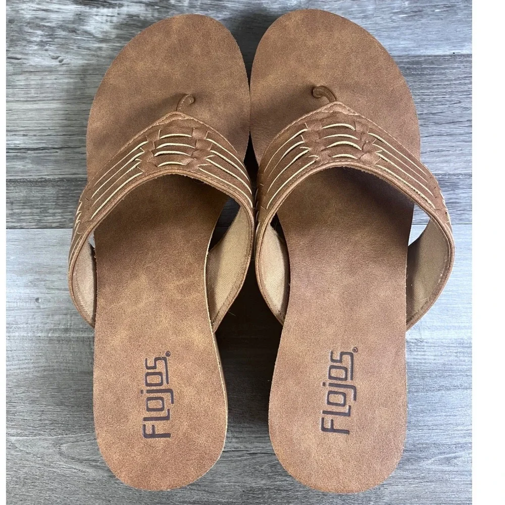 Flojos Jess Tan Woven Wedge Platform Sandals Womens Size 8 Thong Flip Flops 268